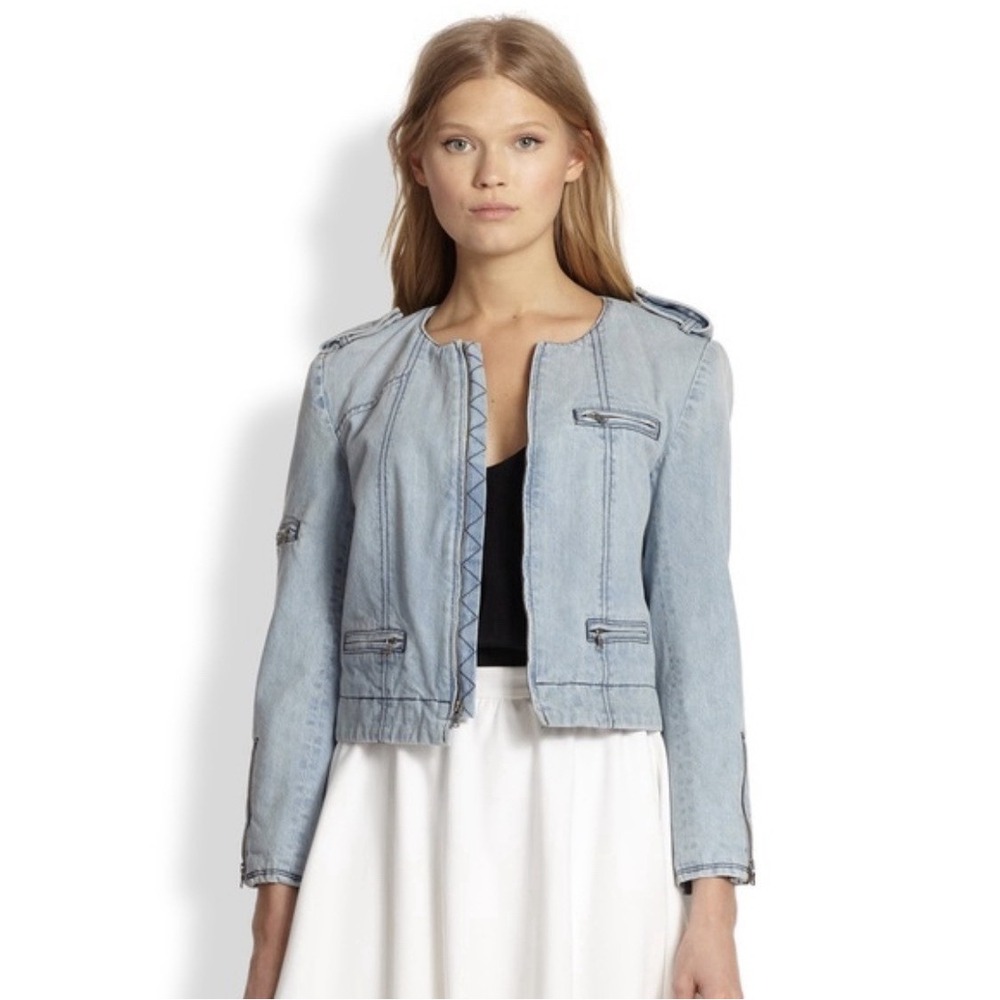 Alice + Olivia Zip Up Zipper Details Denim Jacket Collarless Lined‎ 495$ Sz-M
